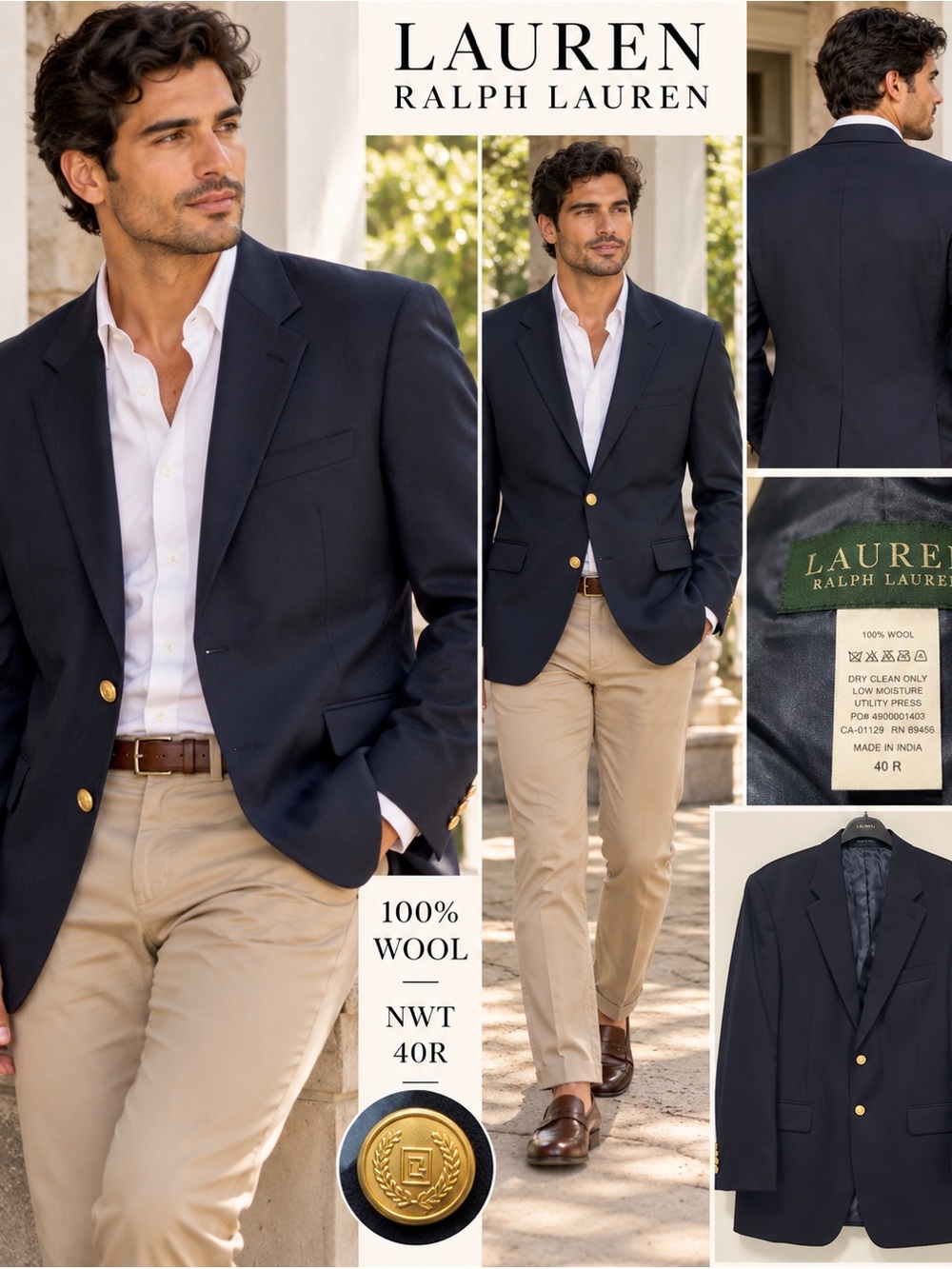 Lauren Ralph Lauren Navy Two-Button Blazer with Gold Buttons